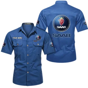Saab Automobile Short Sleeved Shirt, All Over Print Button Shirt CAR444052625865 - Cowboy Blue