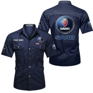 Saab Automobile Short Sleeved Shirt, All Over Print Button Shirt CAR444052625865 - Dark Blue