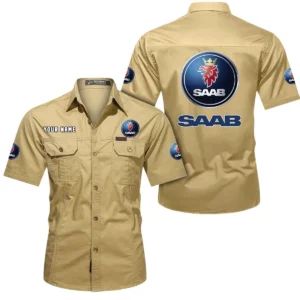 Saab Automobile Short Sleeved Shirt, All Over Print Button Shirt CAR444052625865 - Khaki