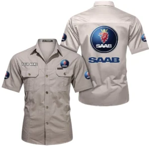 Saab Automobile Short Sleeved Shirt, All Over Print Button Shirt CAR444052625865 - Beige