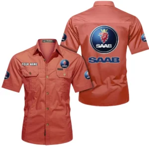 Saab Automobile Short Sleeved Shirt, All Over Print Button Shirt CAR444052625865 - Red