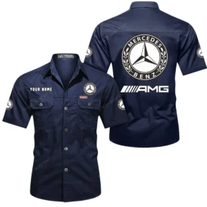 Mercedes AMG Short Sleeved Shirt, All Over Print Button Shirt CAR444052625874 - Dark Blue