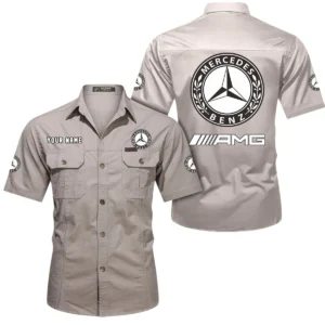 Mercedes AMG Short Sleeved Shirt, All Over Print Button Shirt CAR444052625874 - Beige