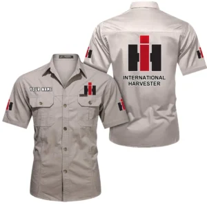 International Harvester Short Sleeved Shirt, All Over Print Button Shirt CAR444052625893 - Beige