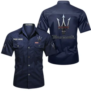 Maserati Short Sleeved Shirt, All Over Print Button Shirt CAR444052625953 - Dark Blue
