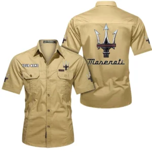 Maserati Short Sleeved Shirt, All Over Print Button Shirt CAR444052625953 - Khaki