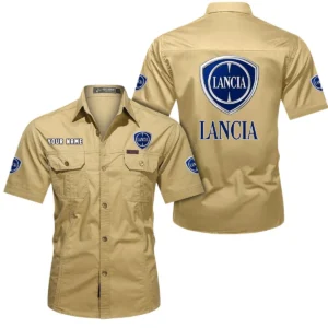 Lancia Short Sleeved Shirt, All Over Print Button Shirt CAR444052625963 - Khaki