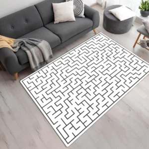 Modern Maze Area Rug - Minimalist Black and White Labyrinth Carpet for Living Room CLE05090425001